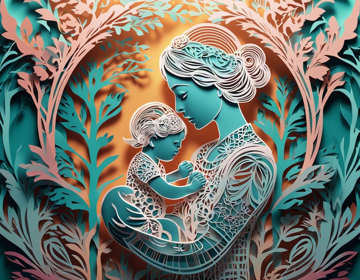 Mother and Baby Papercut Art with Art Deco Lighting