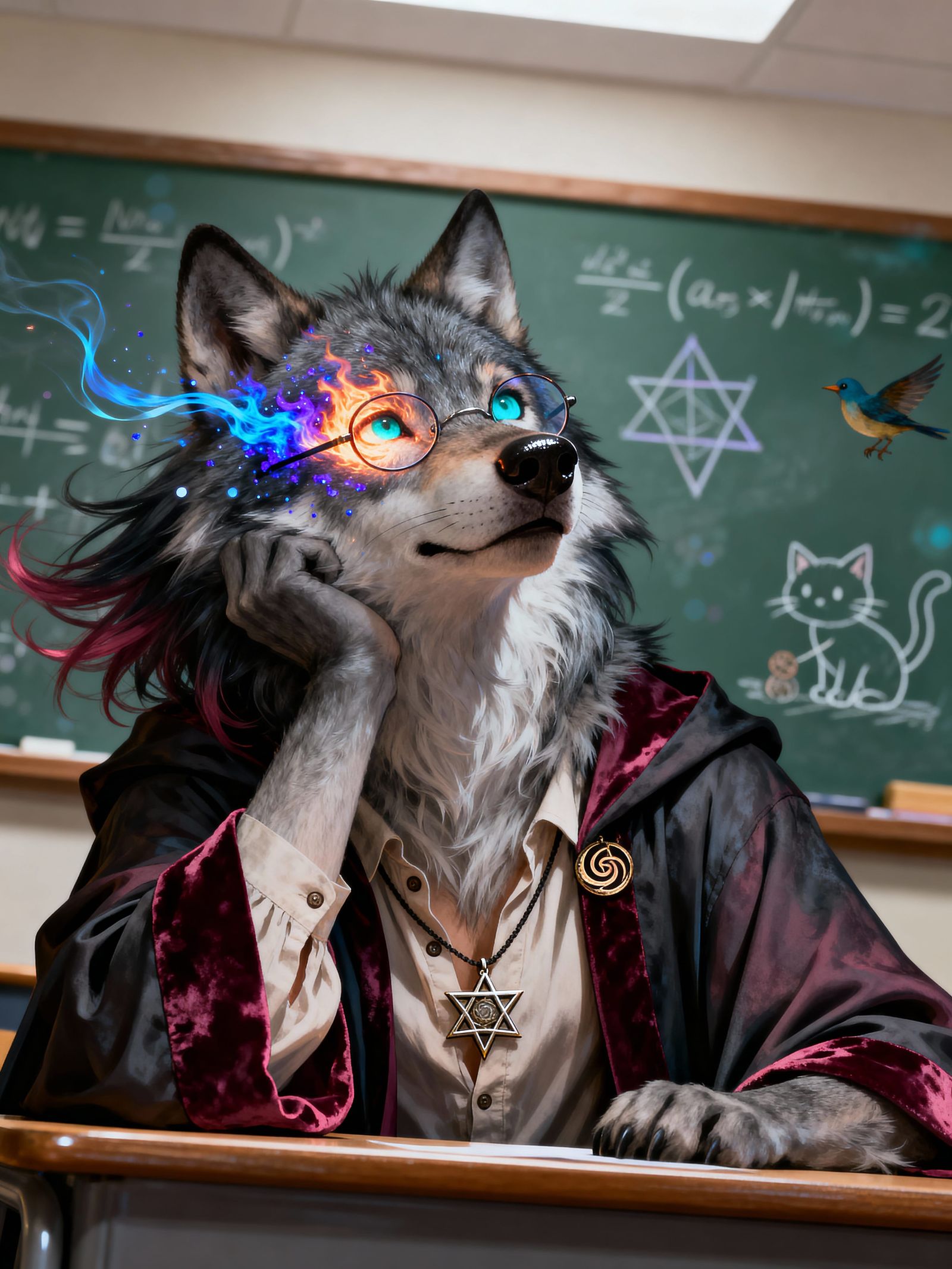 Furry Art Wolf Teacher at Desk with Vivid Lines