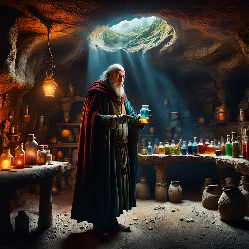Detailed Alchemist Laboratory in Medieval Cave, Dramatic Lig...