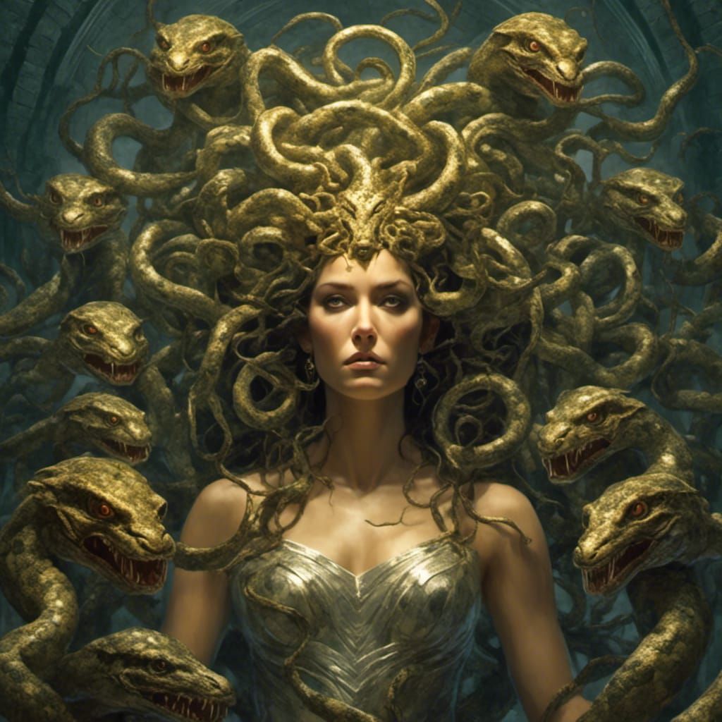 Medusa Surrounded by Stone Faces in Gorgon Temple
