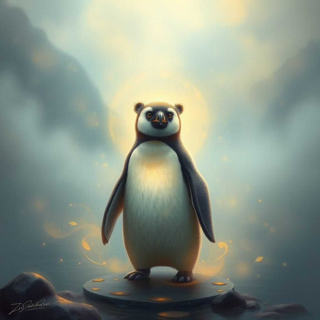 Enchanted Bear-Penguin Hybrid in Whimsical Fantasy Scene