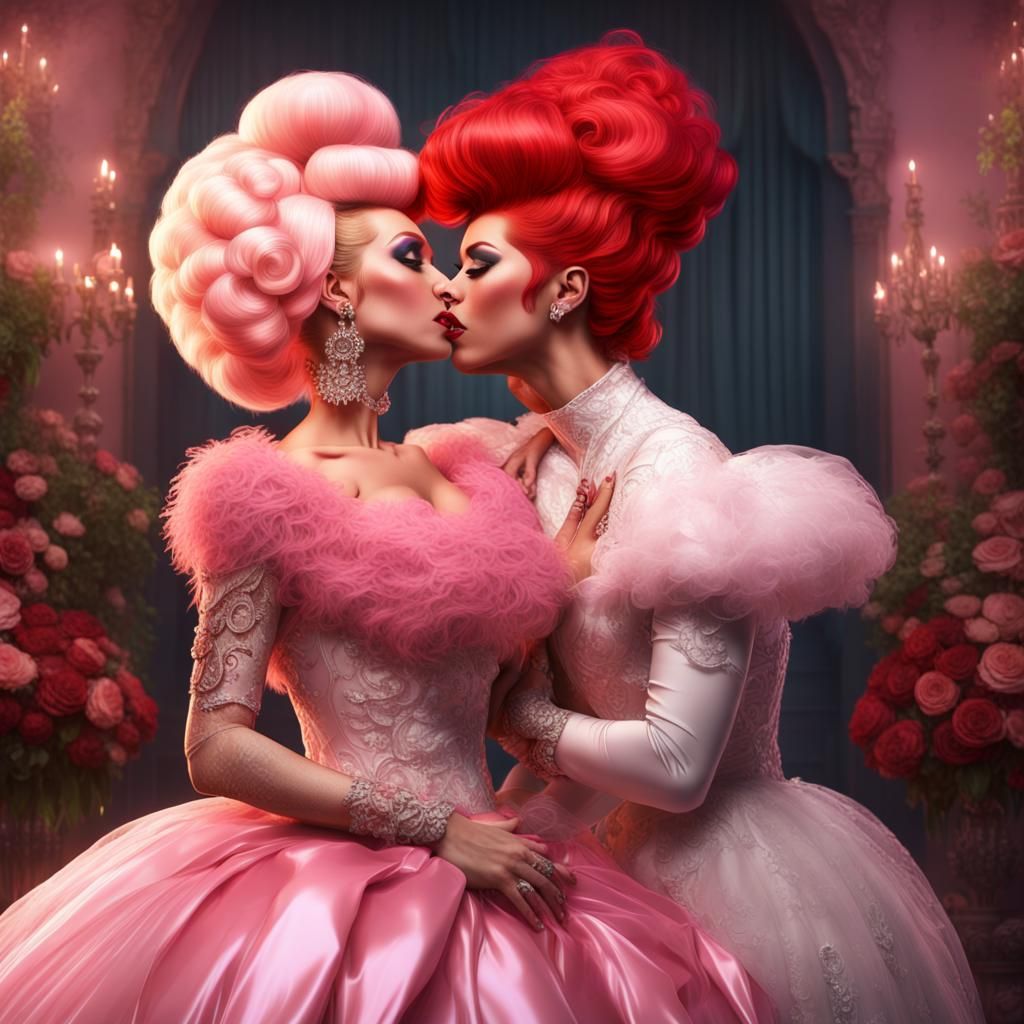 Drag Queens Kissing in Wedding Dresses: Fantasy Concept Art