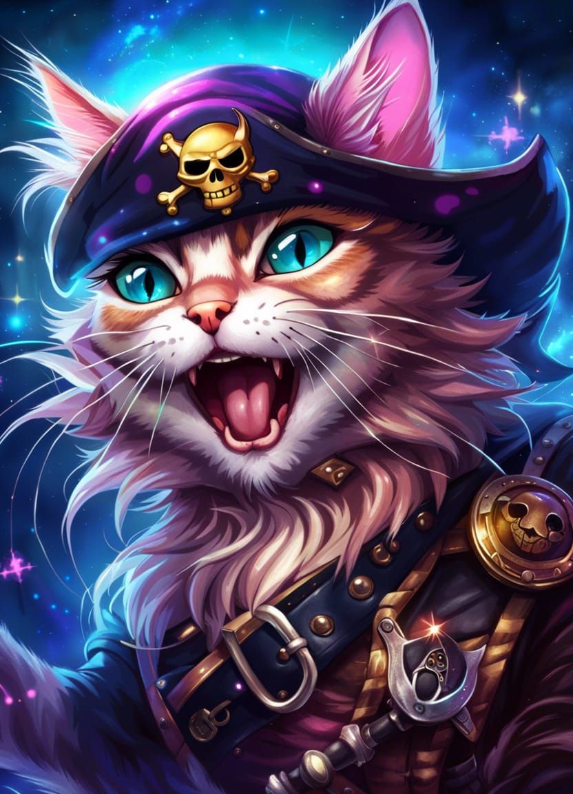Laughing Kitten Pirate with Laser Pistol in Anime Art