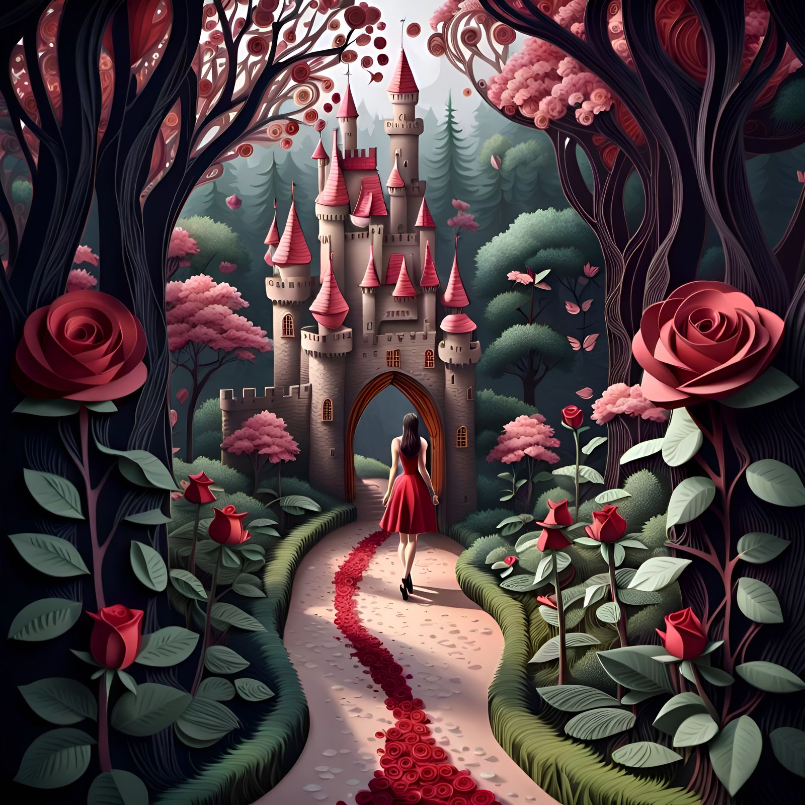 Papercraft Woman in Enchanted Forest to Red Queen