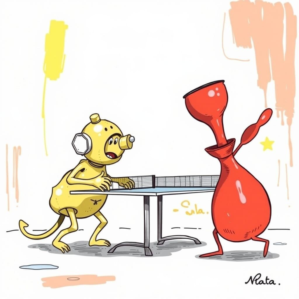 Whimsical Cartoon Monster Engages in Ping Pong