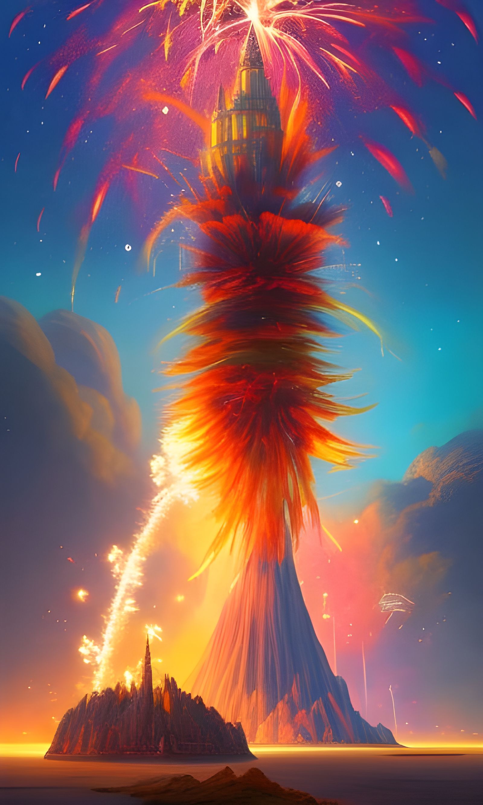 Fireworks Landscape with Nebulous Tower, Digital Illustratio...