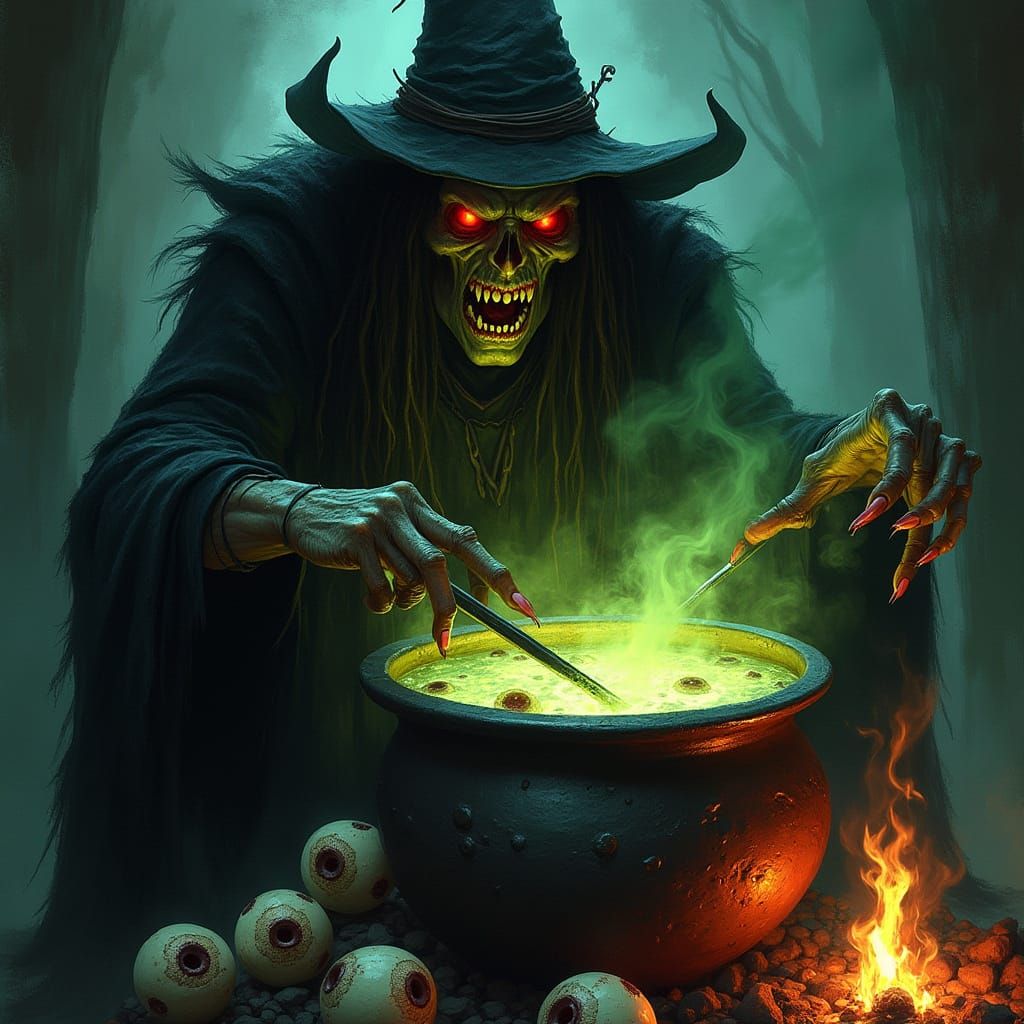 Fierce Demon Witch Brews Cauldron of Horror