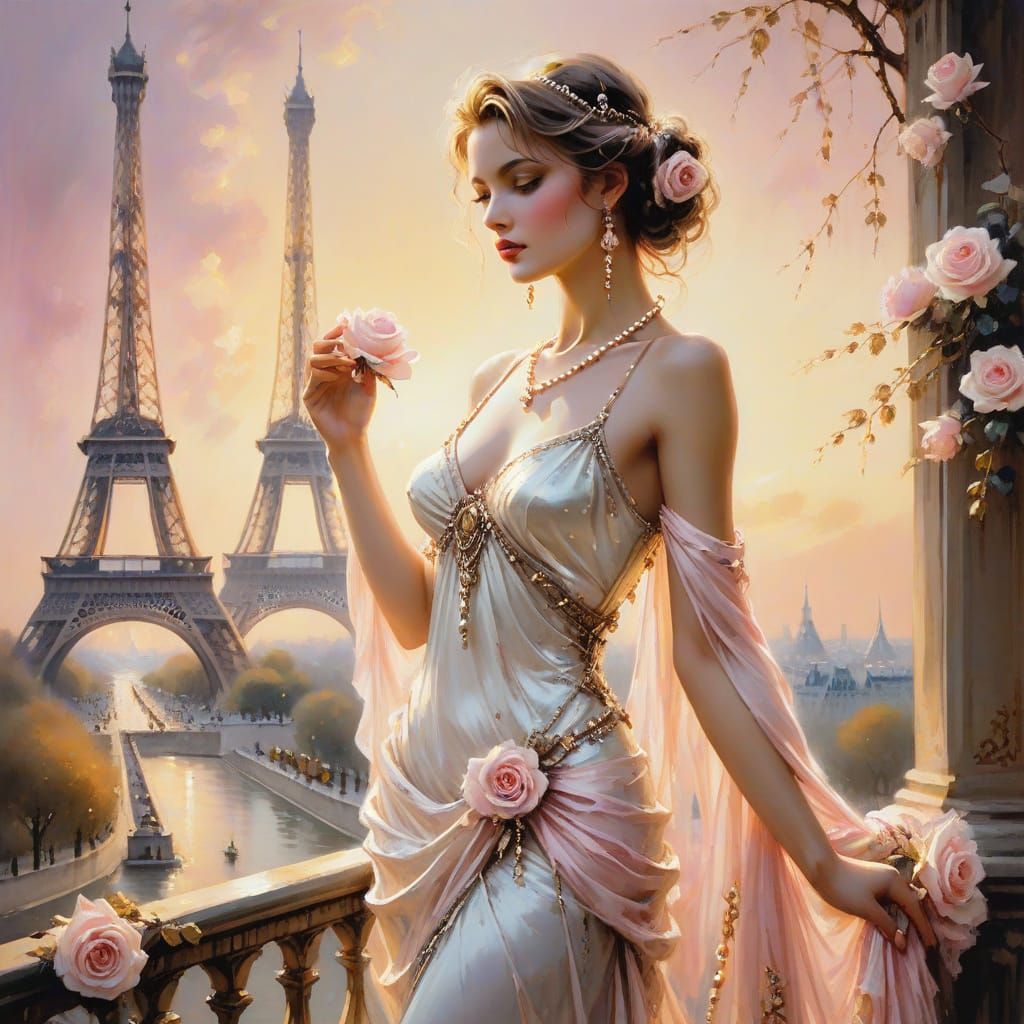 Goddess in Silk and Pearls by the Eiffel Tower