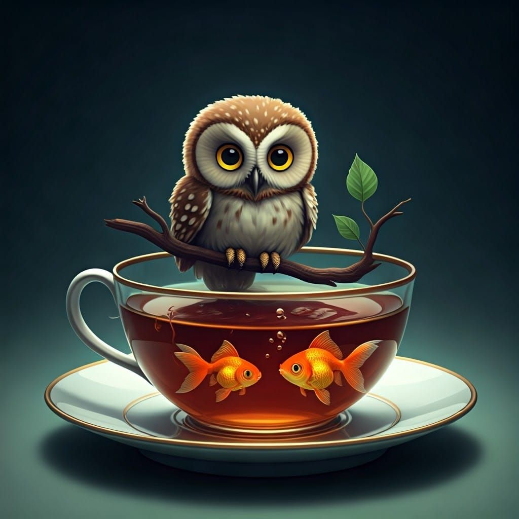 Owl and Goldfish in Teacup, Comic CGI Style