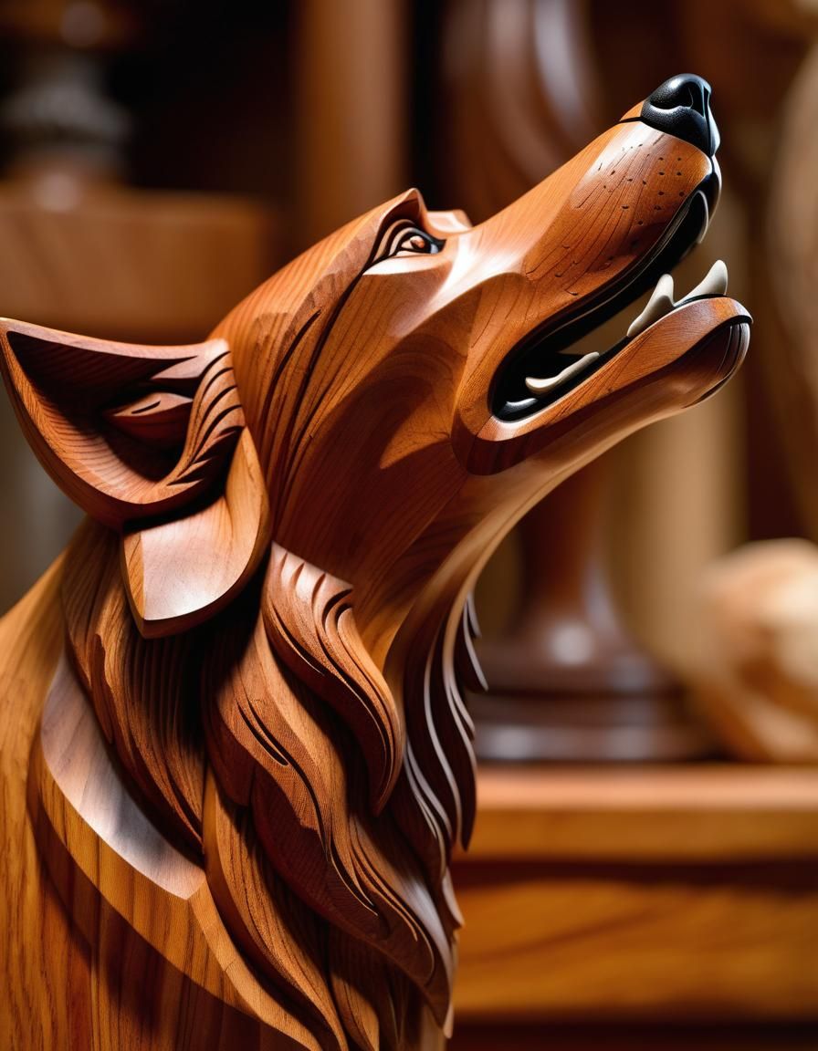 Stylized Wood Carving of a Howling Hound Dog
