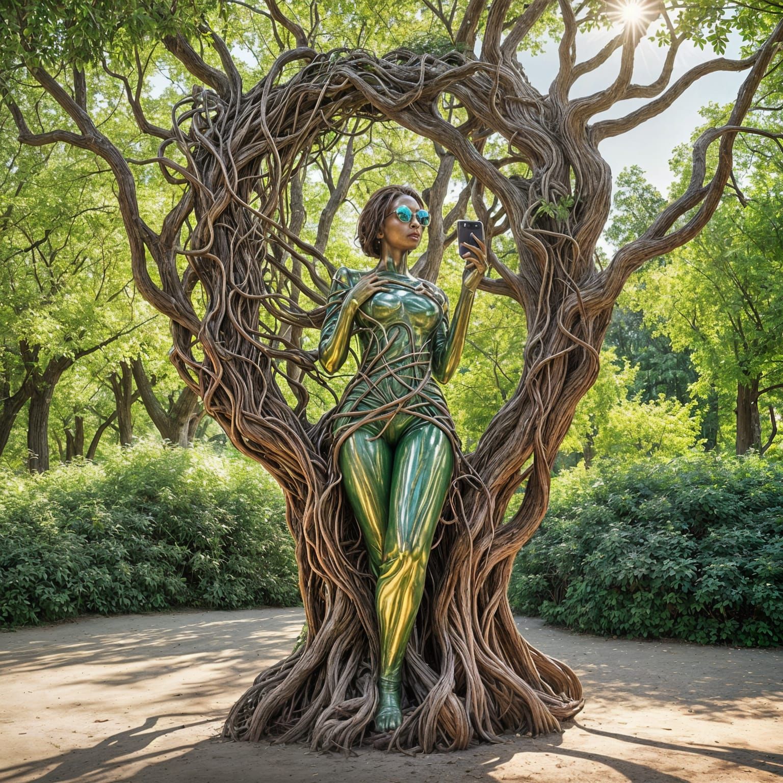 Foliage Woman Sculpture Taking Selfie in Park