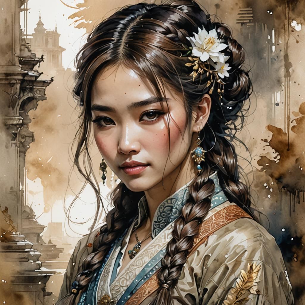 Watercolor Portrait: Beautiful Asian Woman in Victorian Dres...