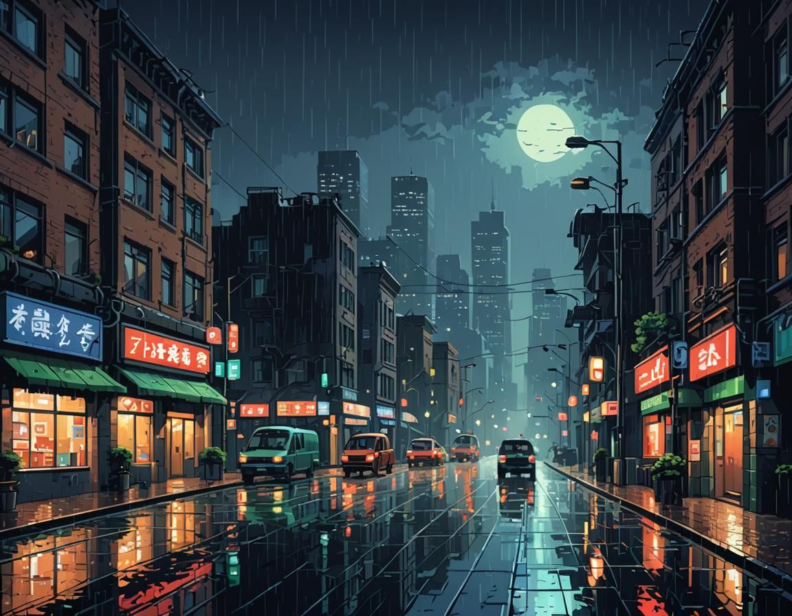 Nostalgic Rainy Cityscape in 8-bit Pixel Art