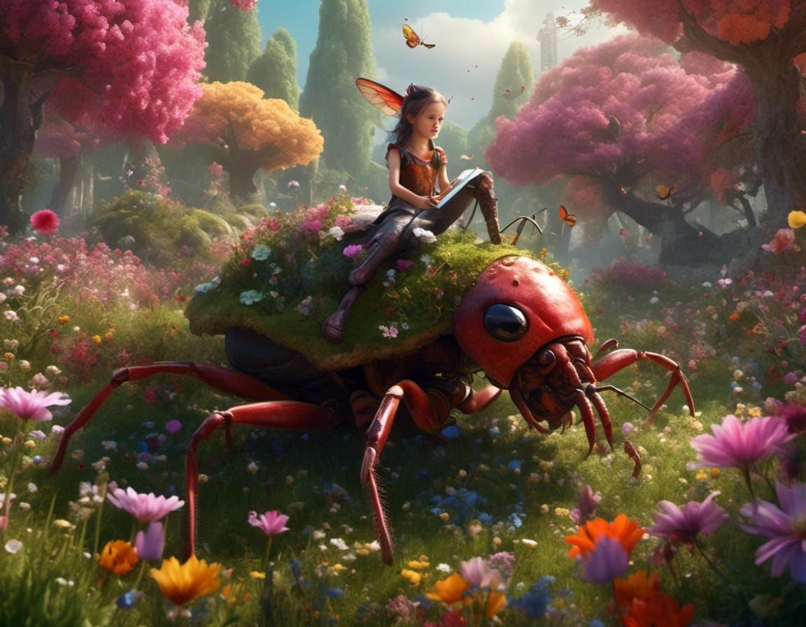 Elf Girl Rides Giant Ant in Hyperreal Meadow