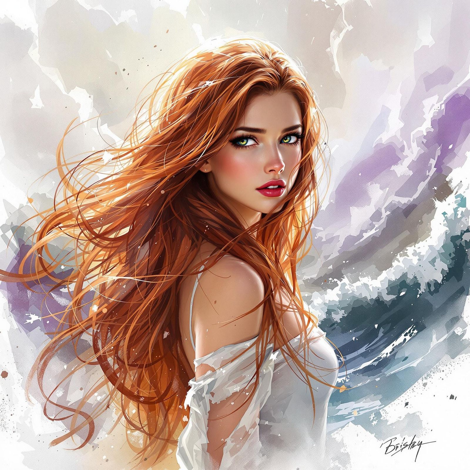 Auburn-Haired Woman in Storm, Watercolour Painting