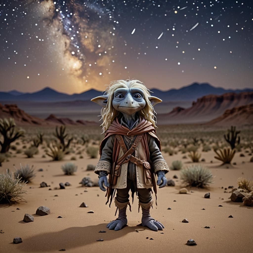 A lone claymation figure, stands in a vast desert landscape