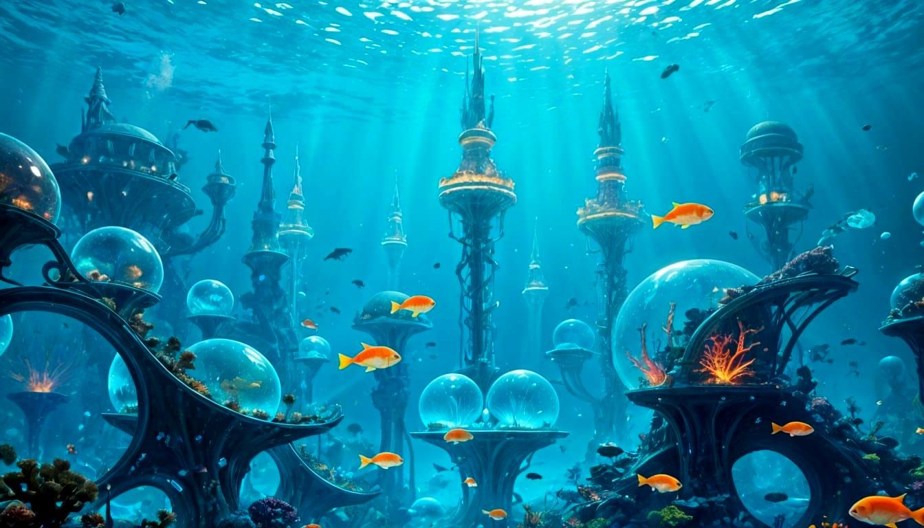 Futuristic Underwater City Shimmers in Digital Painting