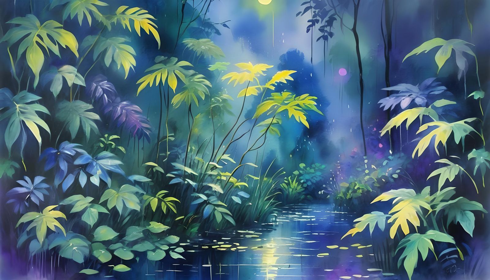Rainforest at Moonlight: Watercolor Painting in Contrasting ...