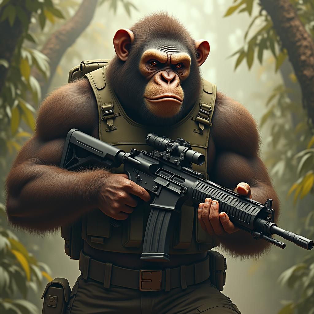 Ape Soldier in Jungle, Hyper-Detailed Digital Art