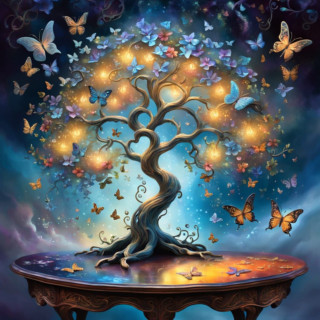 Ethereal Arabesque Tree Emerges from Table