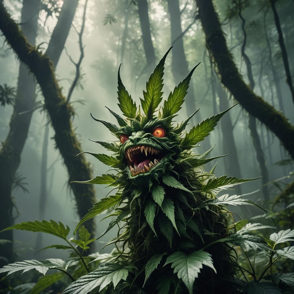 Cannabis Monster Roars in Misty Forest