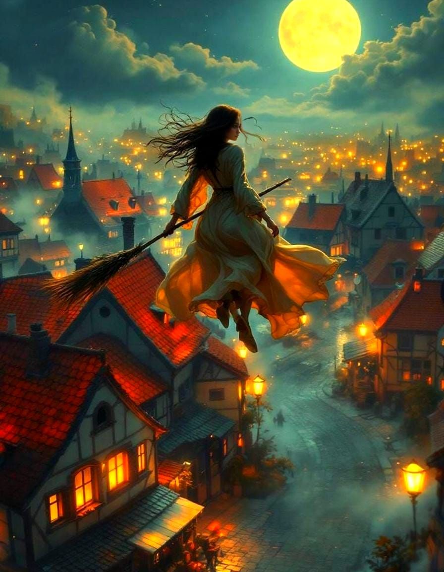 Night Flight: Woman Soaring Over Old Town