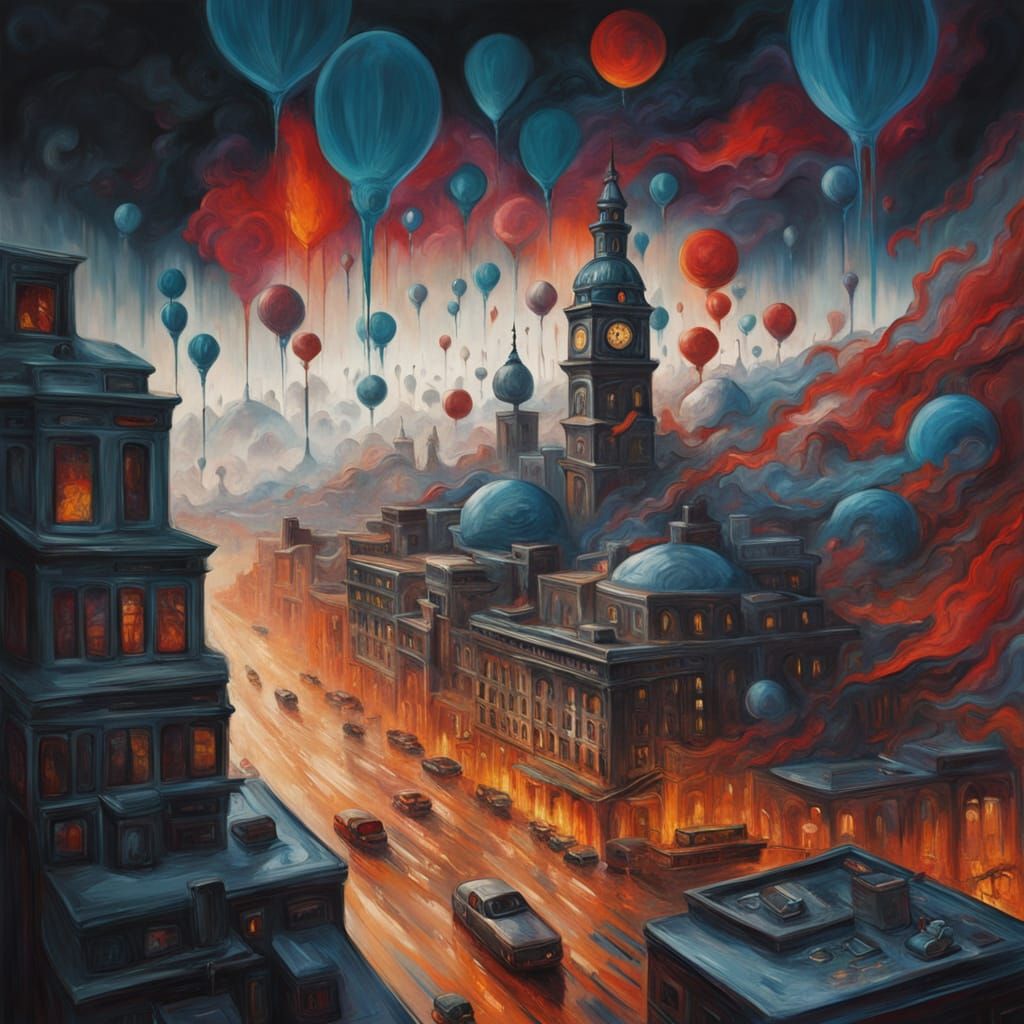 Surreal Orb Explosion in Monochrome Cityscape