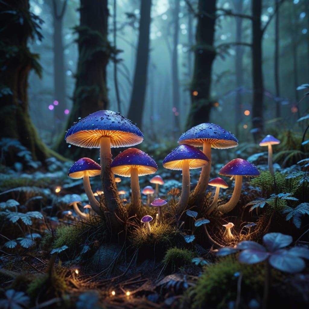 Mystical Forest of Glowing Mushrooms in Vibrant Neon Colors