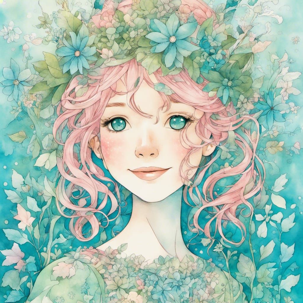 Floral Fairytale Queen in Watercolor Comic Style