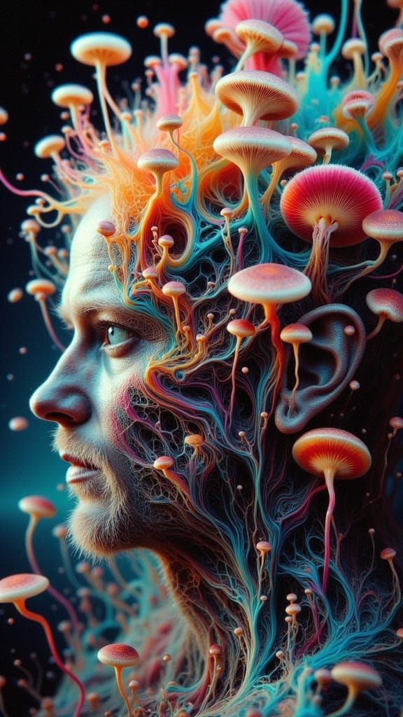 Surreal Fungal Kingdom Merges with Human Head