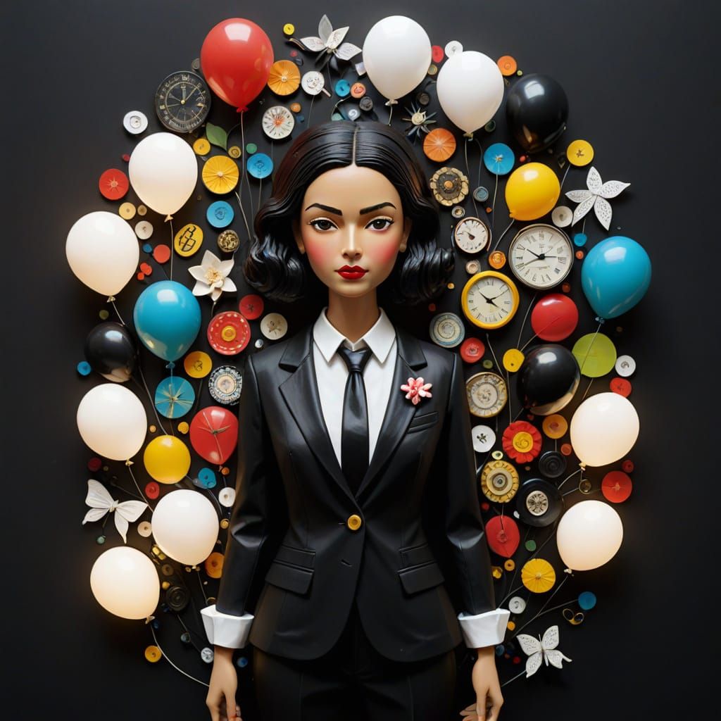 3D Papier Mache Assemblage of Woman with Bow