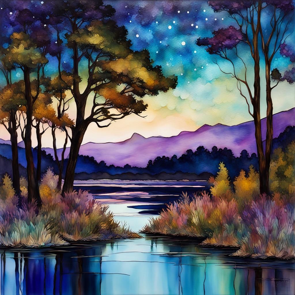 Neo-Impressionist Forest at Twilight Painting