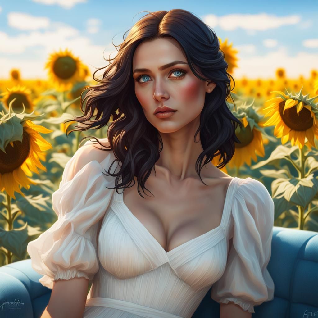 Woman in Sunflower Field: Hyperdetailed Concept Art
