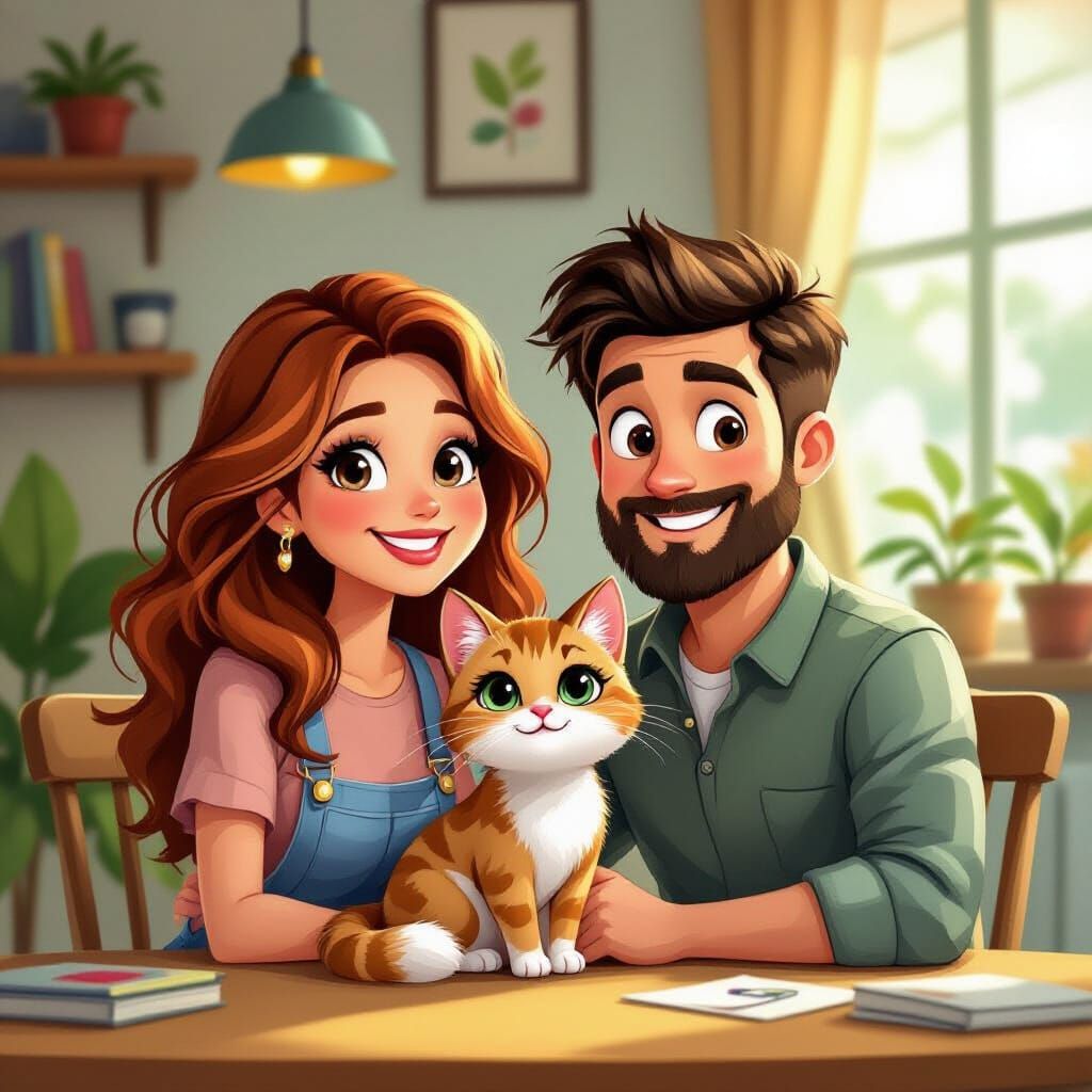 Family Caricature with Pet Kitten, Parents, and Teen Daughte...
