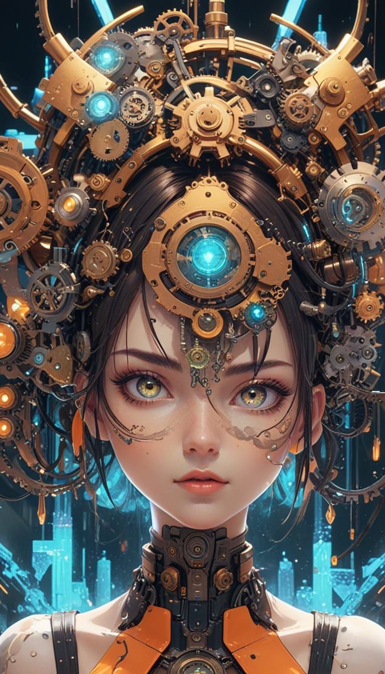 Clockwork Woman in Surreal Neon Cyberpunk Style