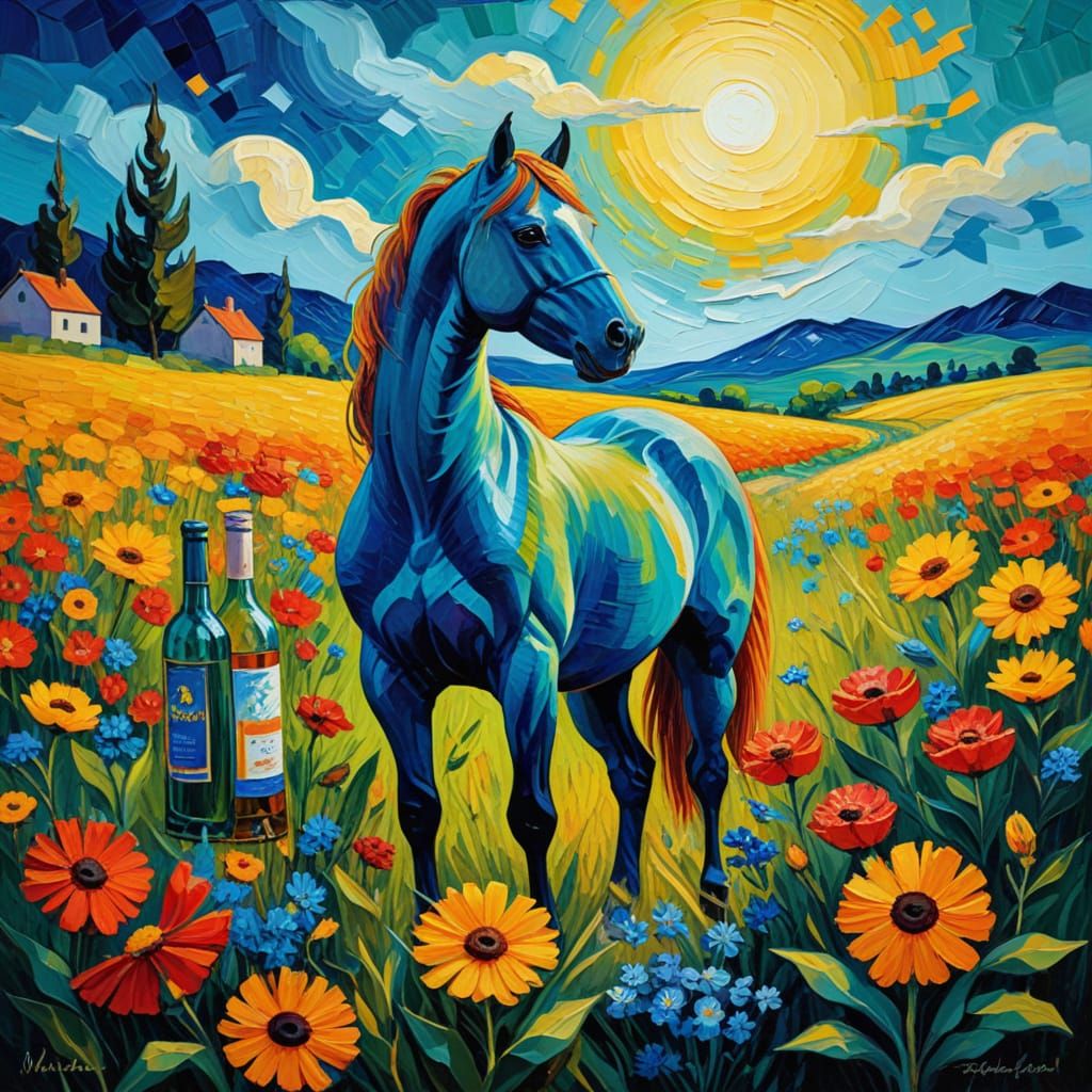 Vibrant Horse in a Field of Blooming Flowers, in the Style o...