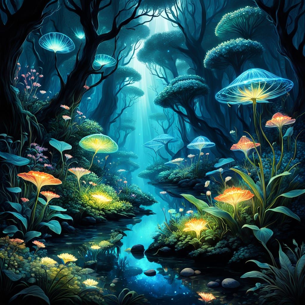 Biophilic Art: Surreal Landscapes with Bioluminescent Flora