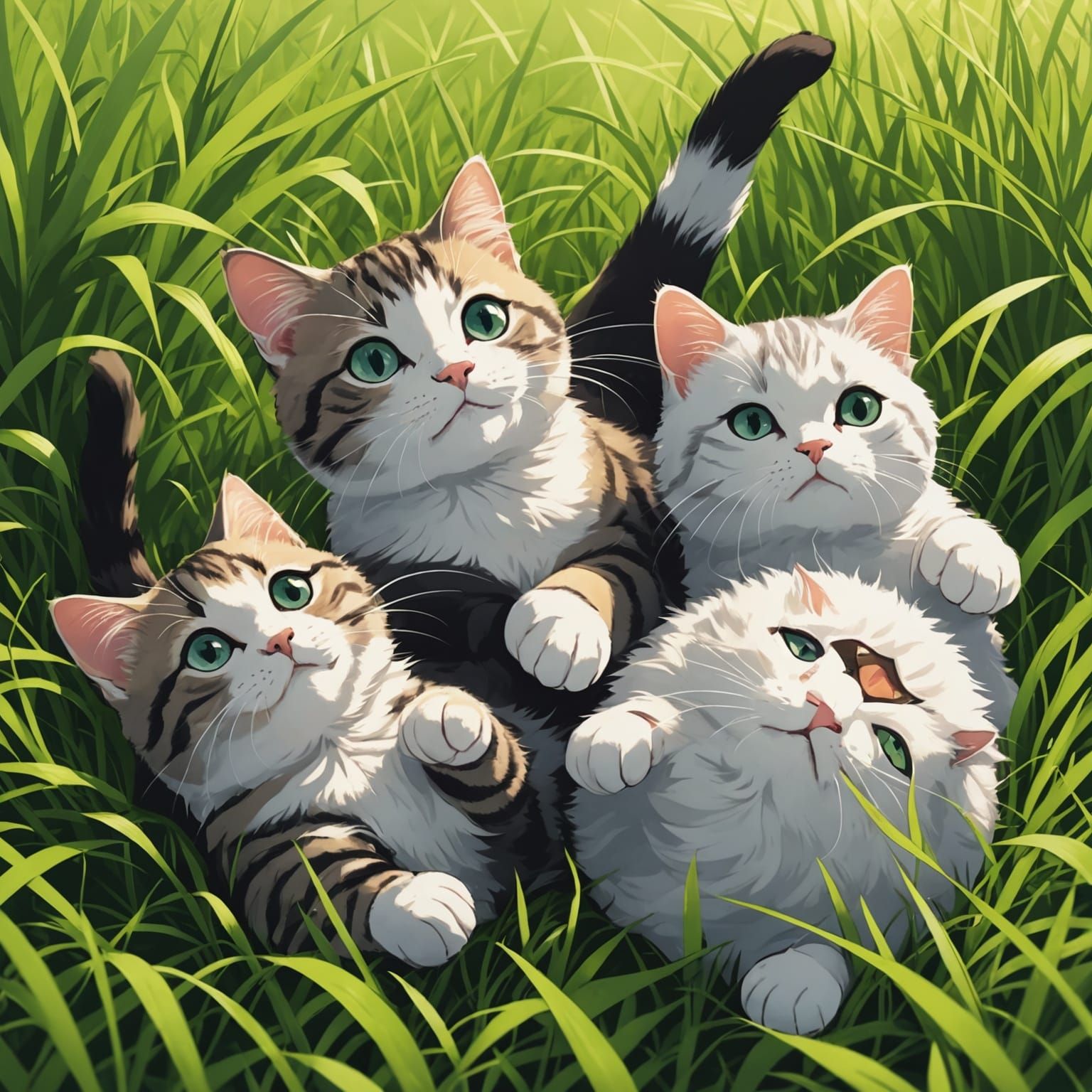 Cats Rolling in Grass in Anime Style