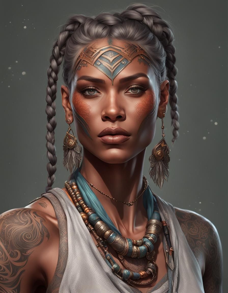 Grey-Skinned Woman Portrait with Tribal Tattoos