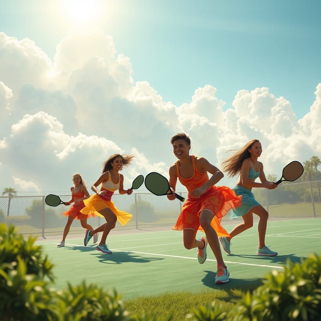 Heavenly Pickleball Match in Hyperrealistic Style