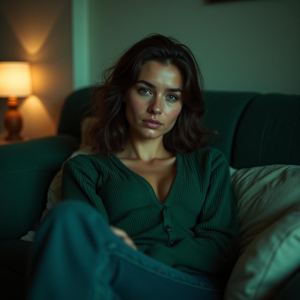 Relaxed Brunette on Sofa in Vivid Matte Painting Style