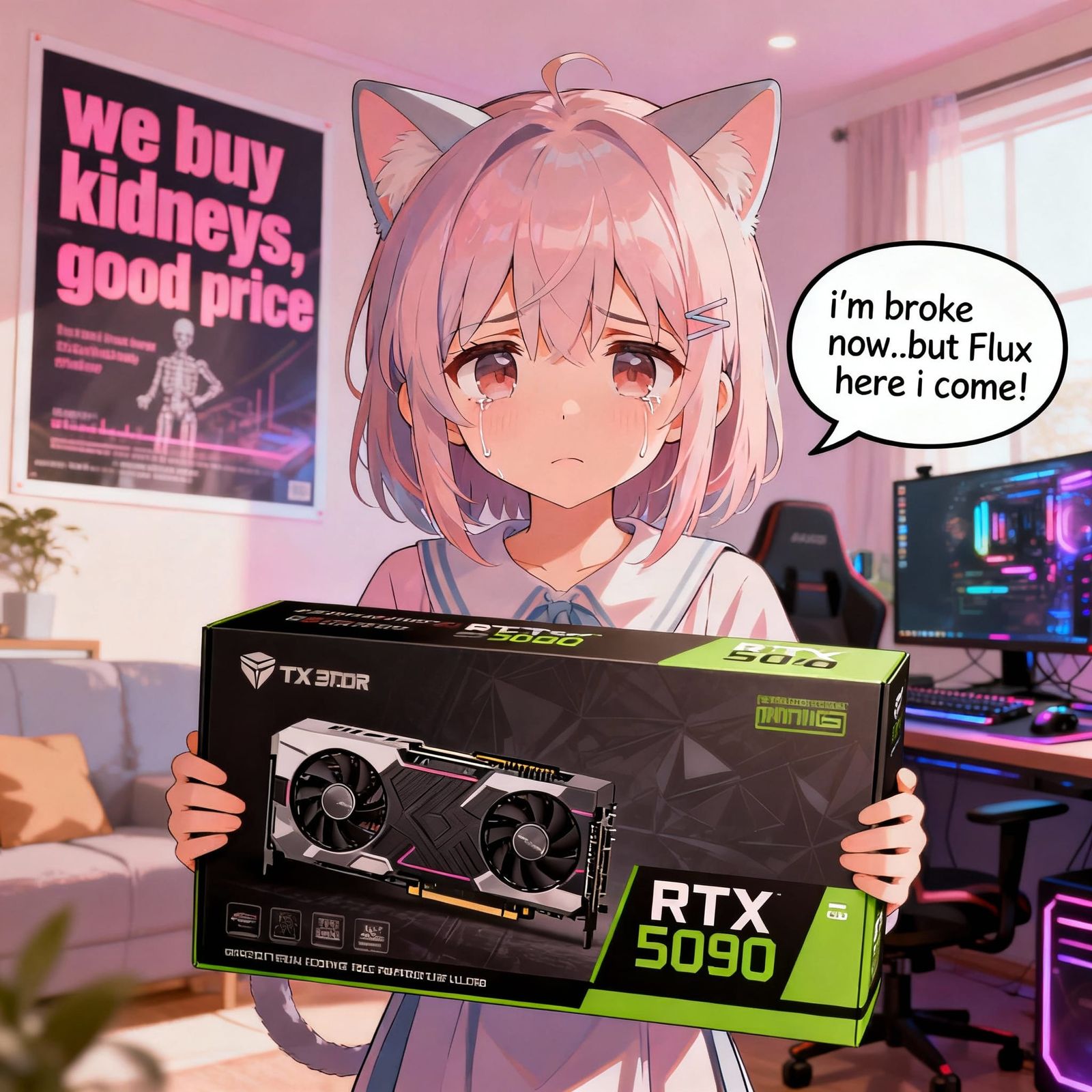Anime Girl with RTX 5090 Box, Sad But Determined