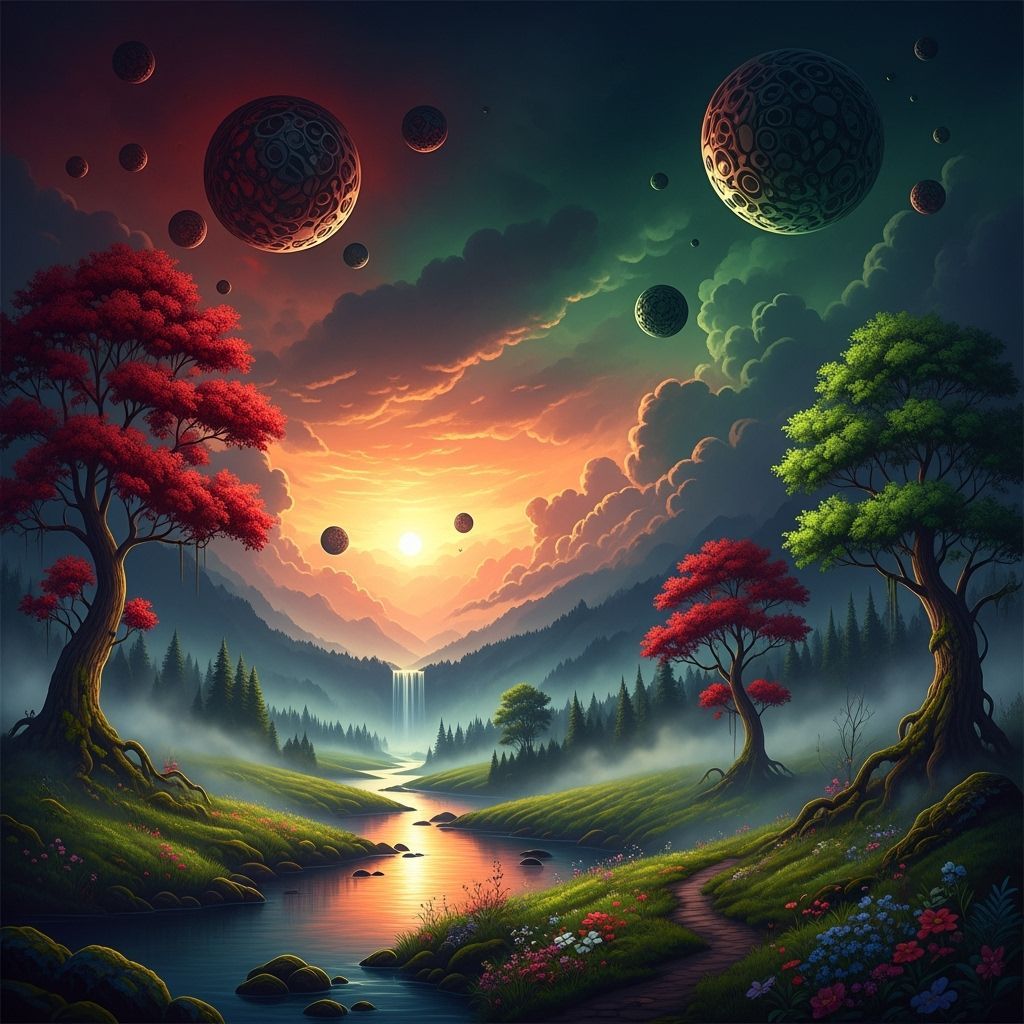 Surreal Sunset Dreamscape with Crimson and Emerald Forest