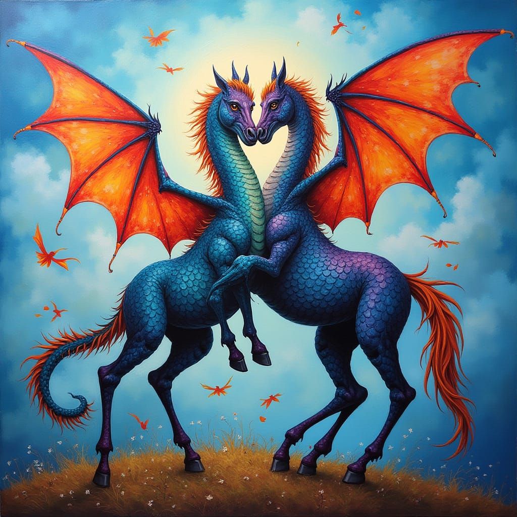 Majestic Dragon and Horse Dance in Vibrant Neo-Expressionist...