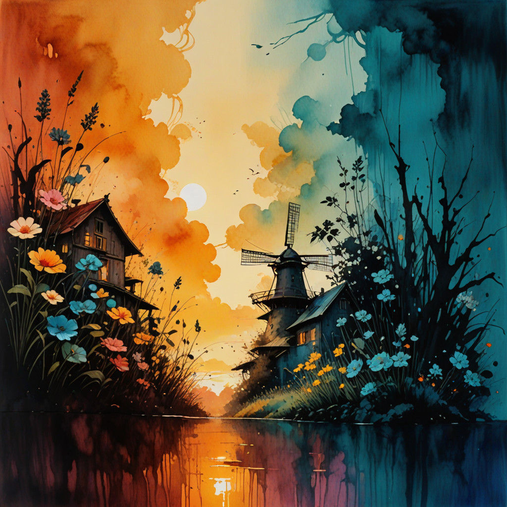 French farm house, 64 megapixels perfect composition, high contrast, cinematic, atmospheric maximalist epic dark teal bl...