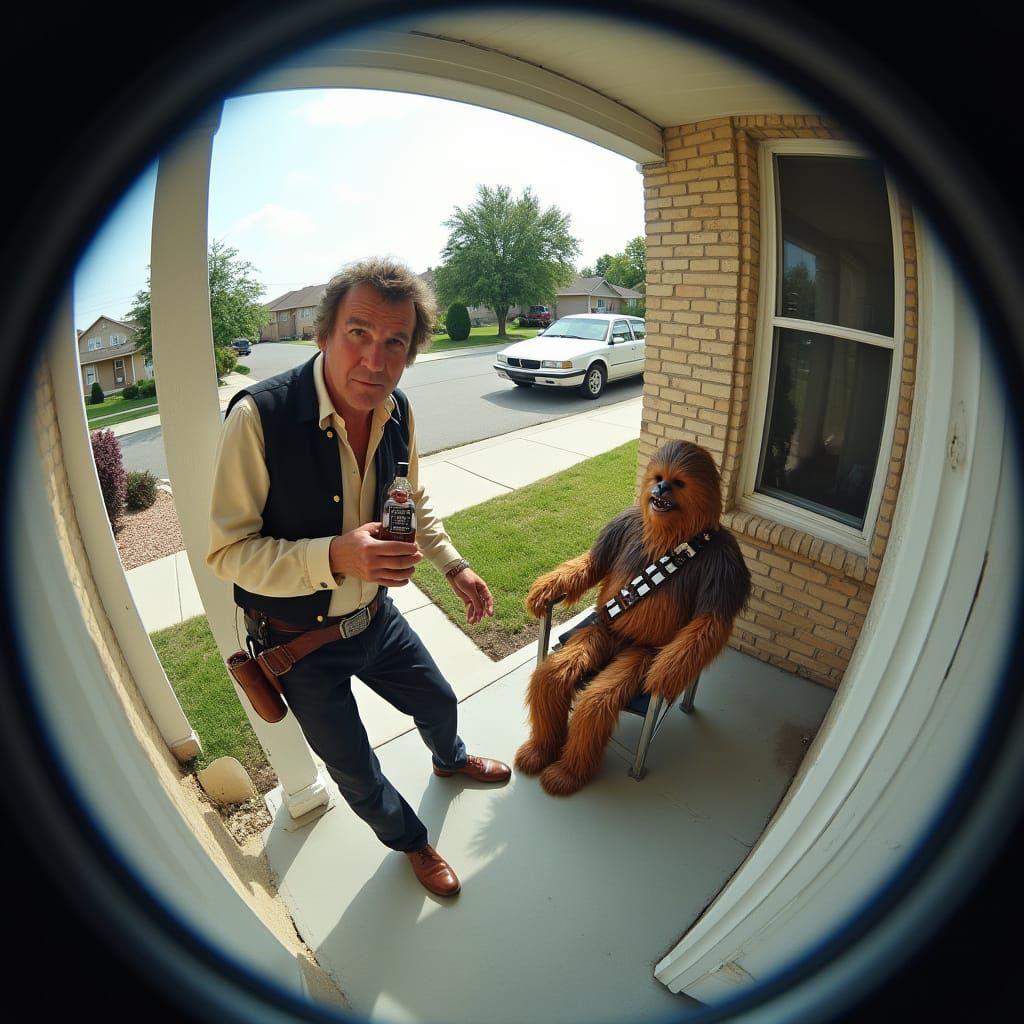 Middle-Aged Men in Han Solo and Chewbacca Cosplay on a Subur...