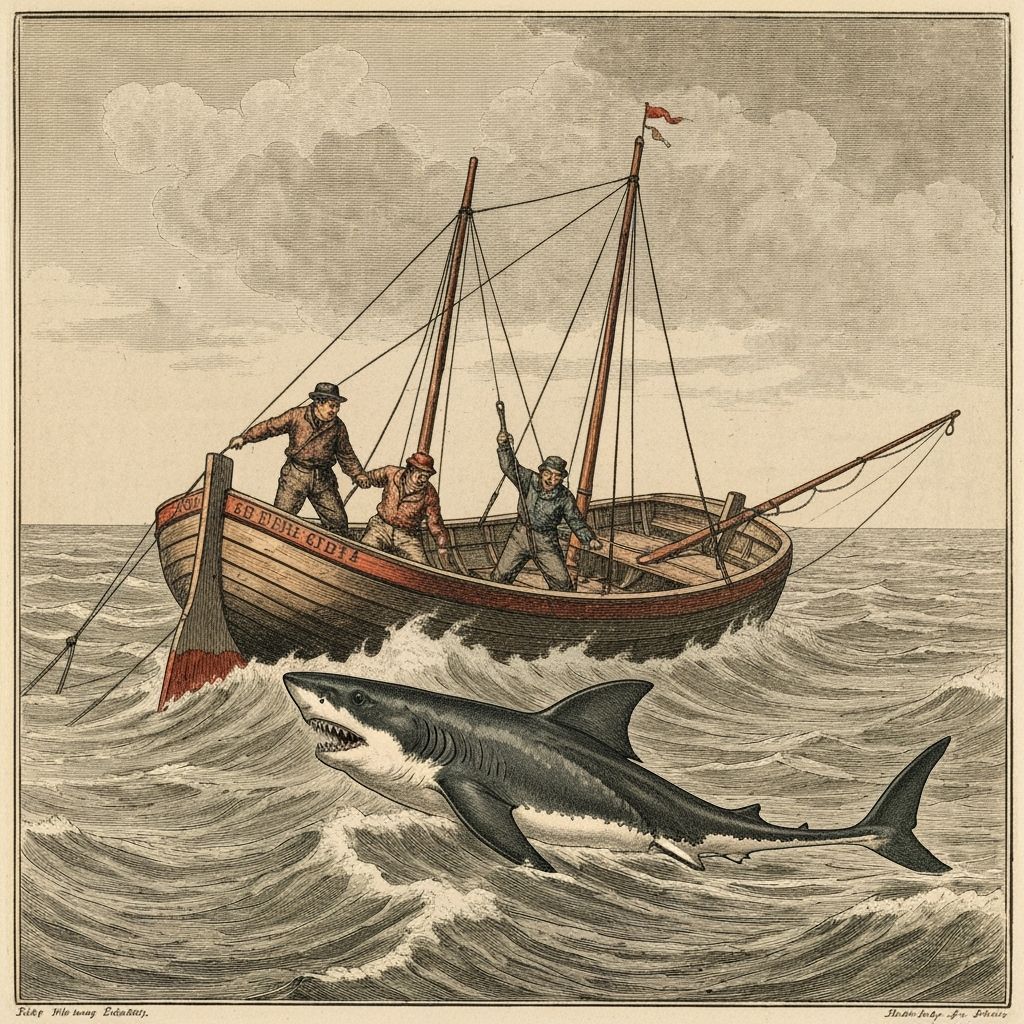 Vintage Engraving: Fishermen Battle Great White Shark at Sea