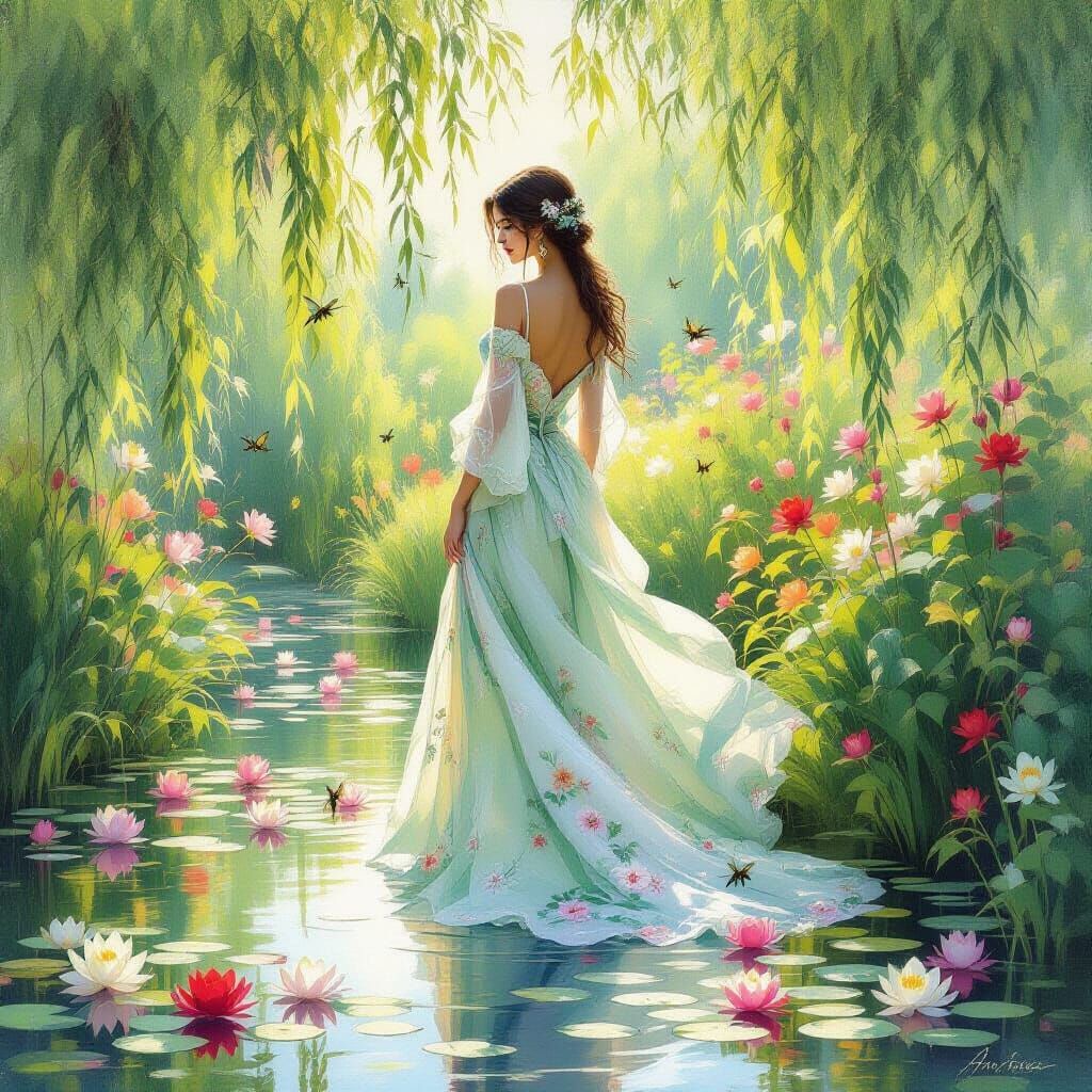 Ethereal Nature Woman in Monet Impressionistic Garden
