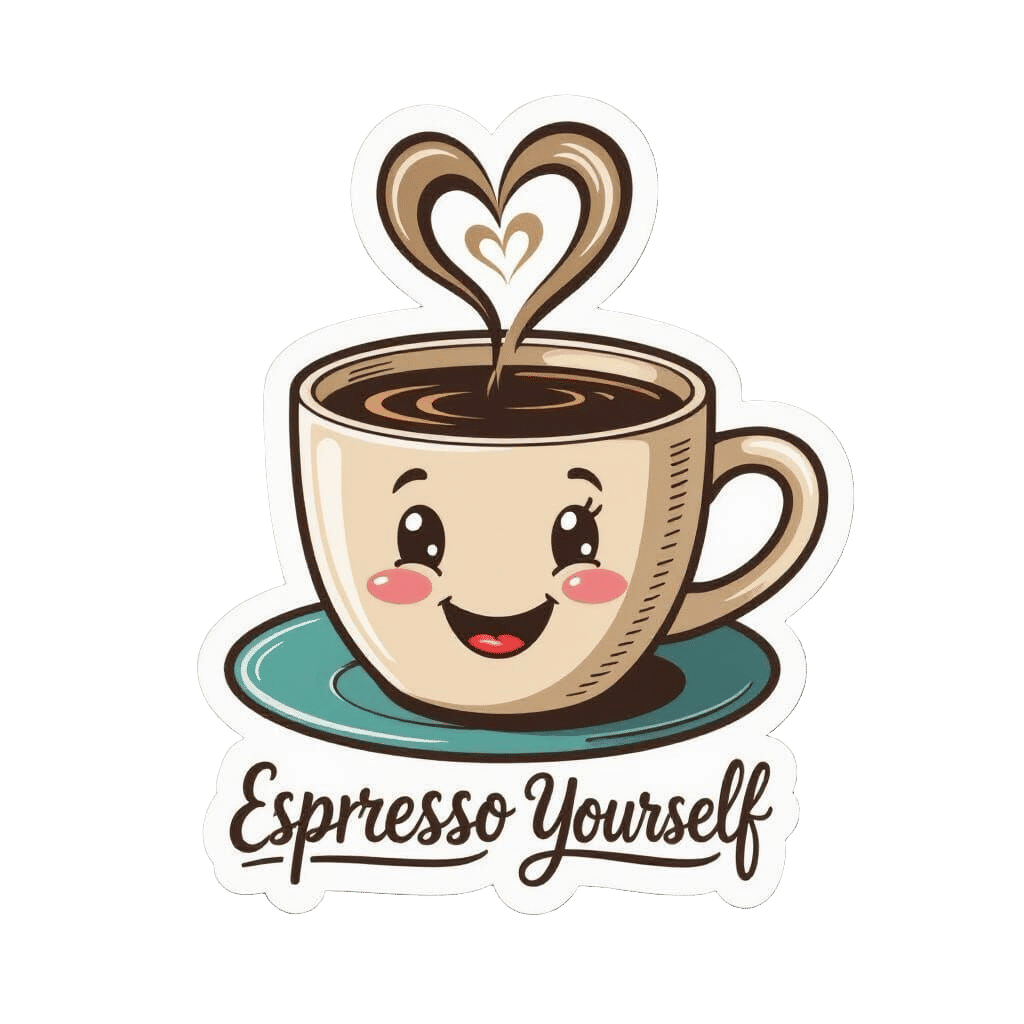 Smiling Coffee Mug Sticker with Heart Steam - Vector Art