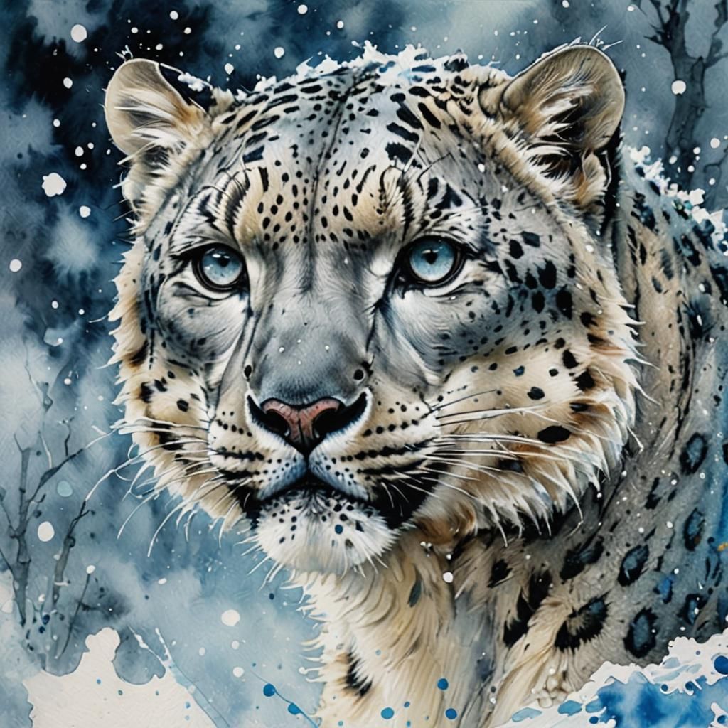 Snow Leopard in Winter Wonderland Watercolor